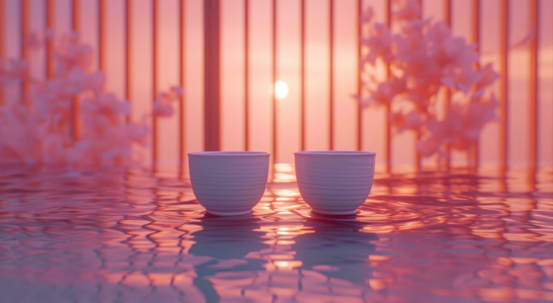ai généré deux blanc tasses asseoir dans le milieu de une table avec rose épanouissement photo