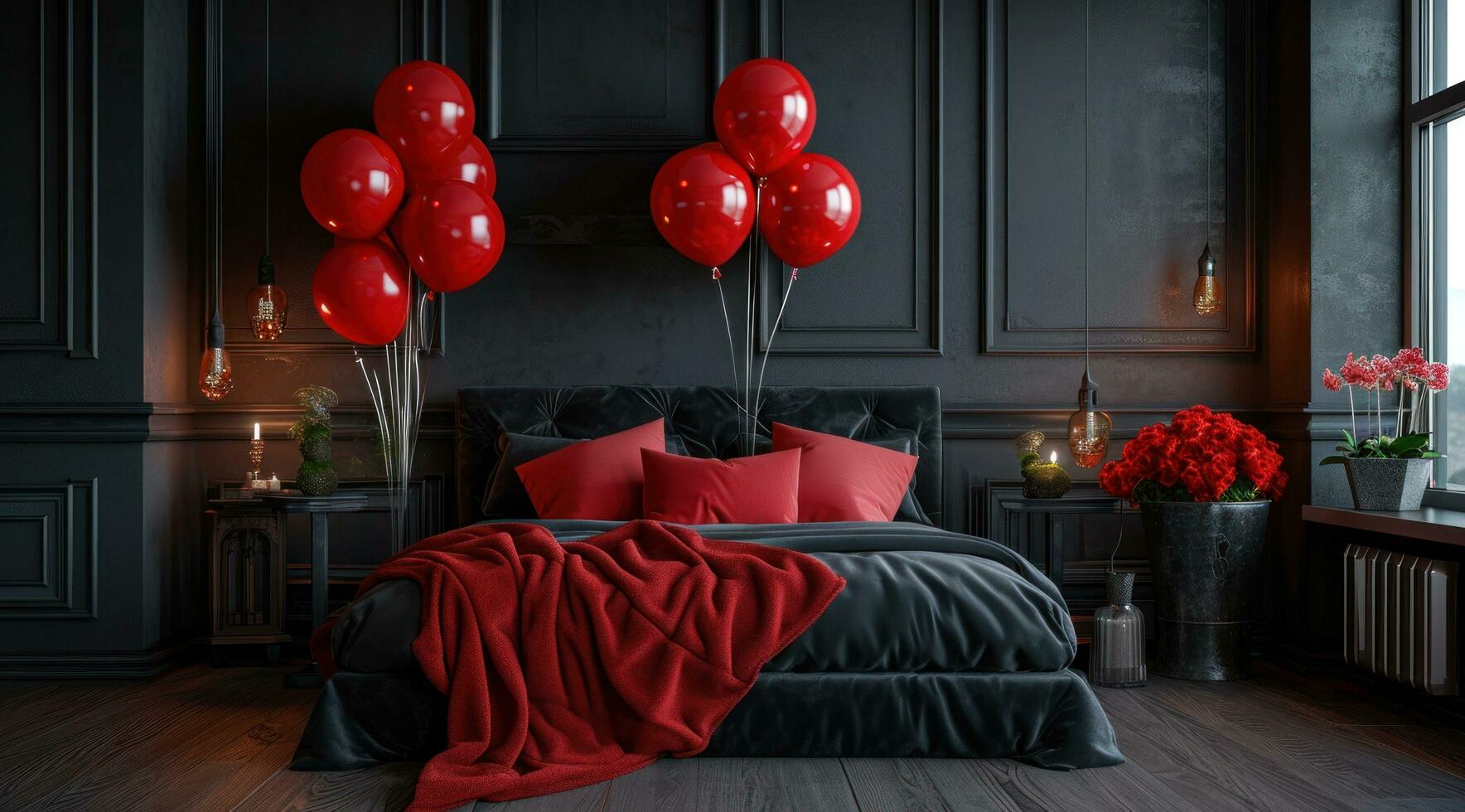 ai généré décoratif lit avec des ballons à l'intérieur une romantique lit pièce photo