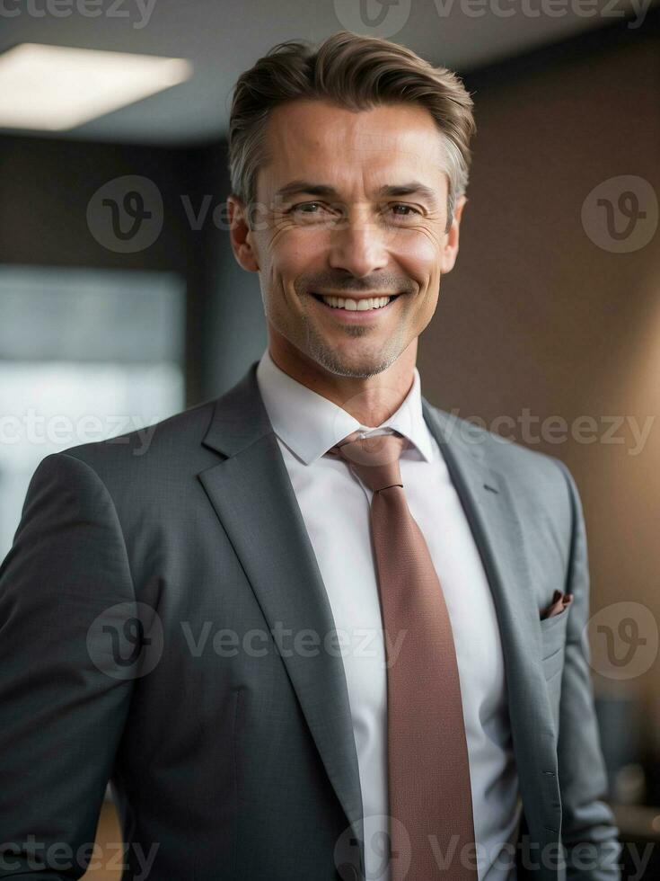 ai généré portrait de une Beau souriant homme d'affaire patron dans une costume permanent dans le sien moderne affaires entreprise bureau. photo