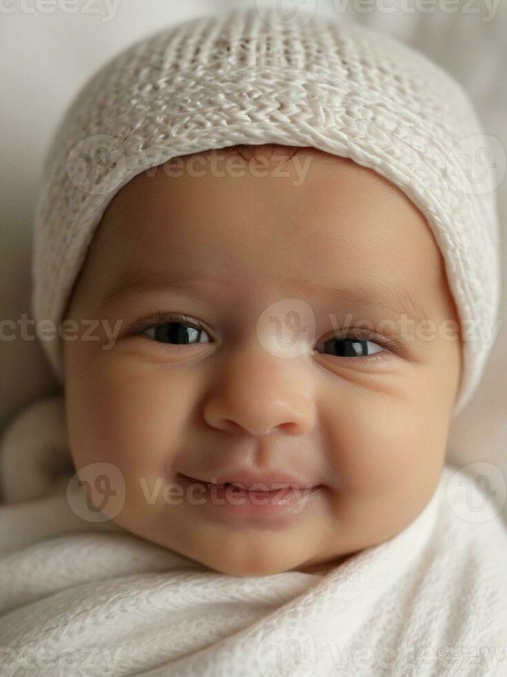 ai généré paisible nouveau née félicité une serein de bébé sourire capturé sur une blanc lit, symbolisant santé et bonheur photo