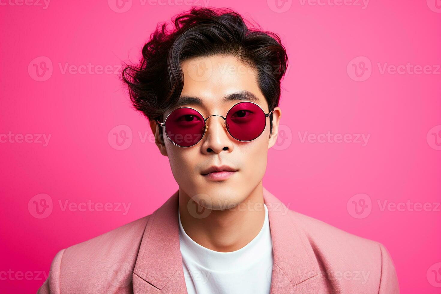 ai généré portrait de asiatique beau homme dans lunettes de soleil sur Couleur Contexte photo