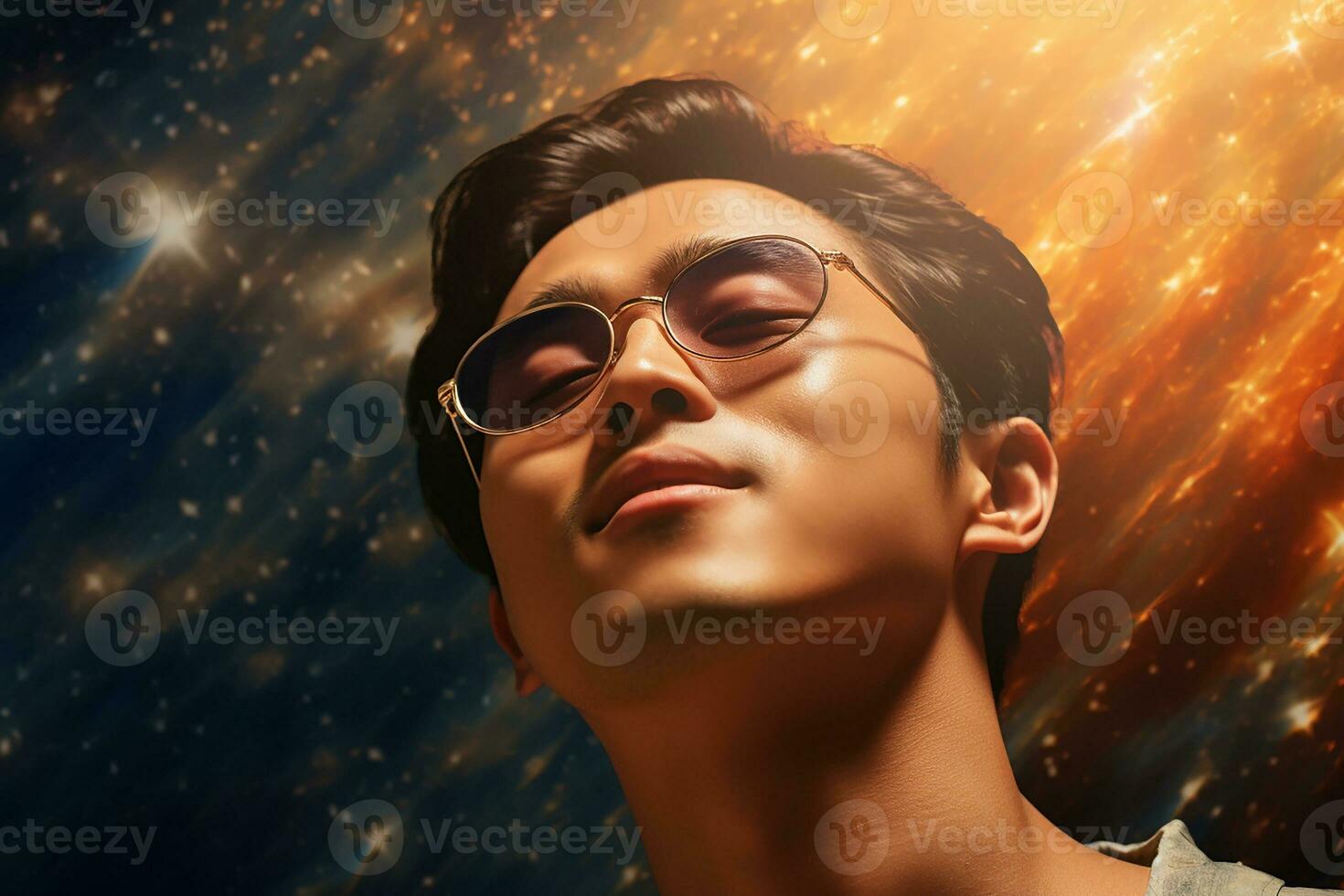 ai généré portrait de asiatique beau homme dans lunettes de soleil sur Couleur Contexte photo