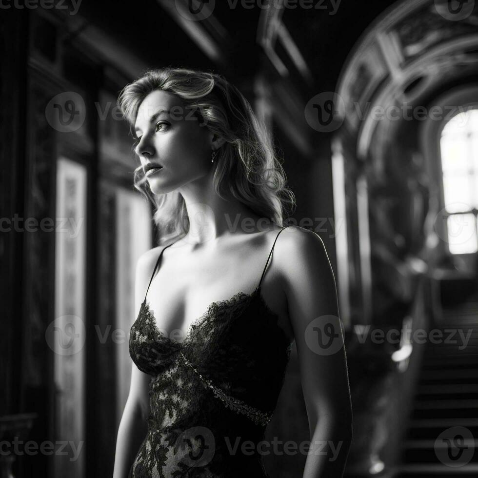 ai généré cinématique élégance monochrome portrait de une femme, dans une dentelle robe permanent dans un richement décoré couloir, une noir et blanc photo de une la personne