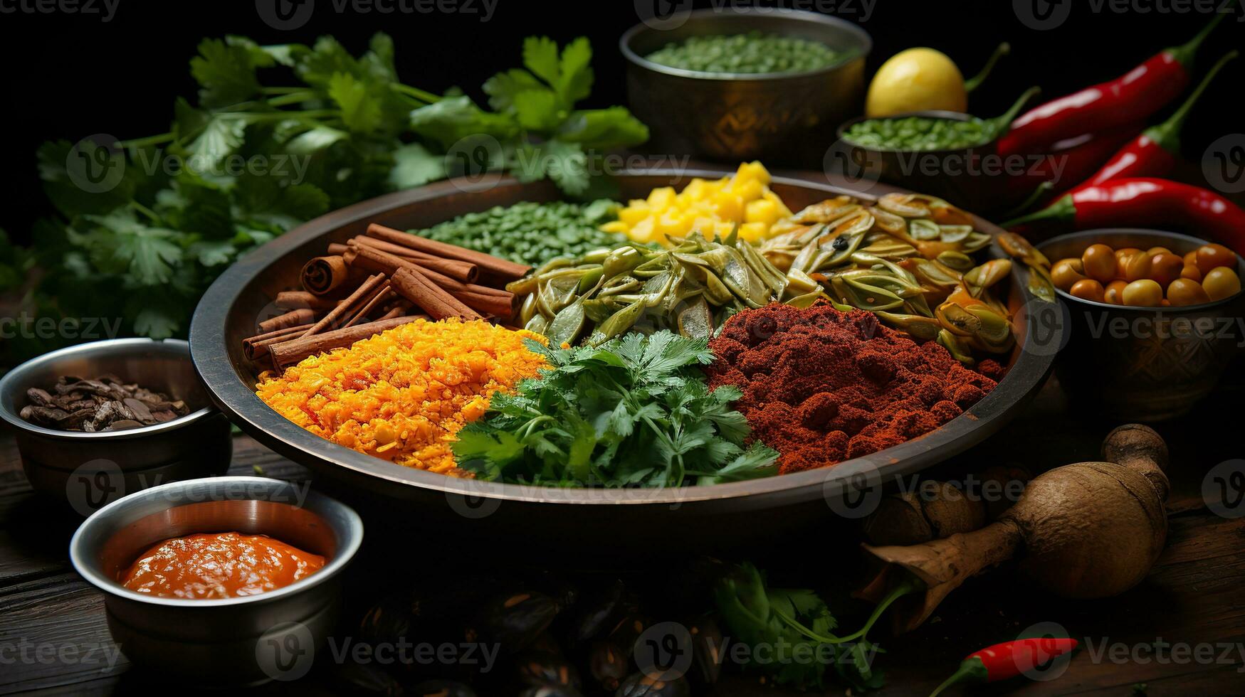 ai généré fait maison curry dans assiette sur en bois table Contexte établi avec génératif ai photo