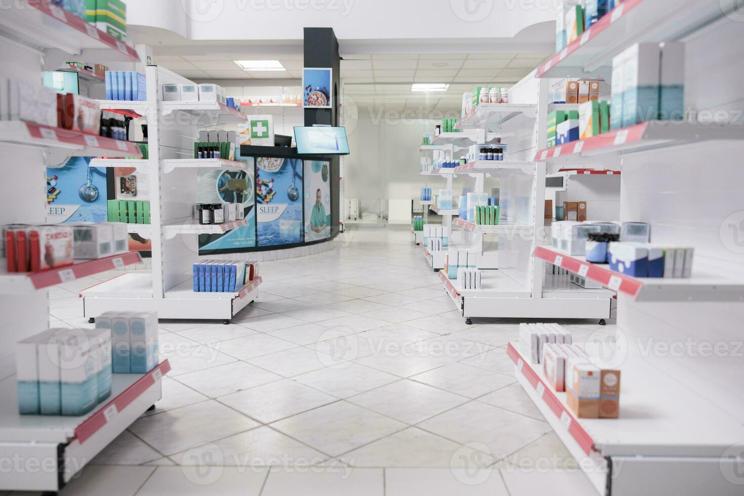 pharmacie étagères rempli avec médicaments et suppléments prêt à être acheter par client, santé se soucier traitement. vide pharmacie avec pharmaceutique des produits, suppléments et vitamines, drogues bouteilles. photo