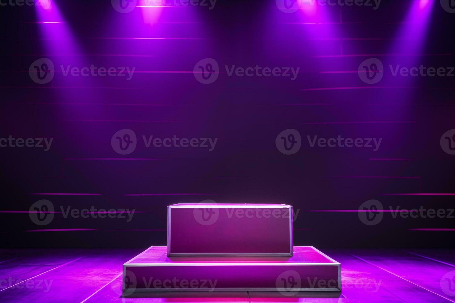 ai généré vide podium avec carré sur carré et néon ligne pente sur podium et violet lumière sur Contexte. photo