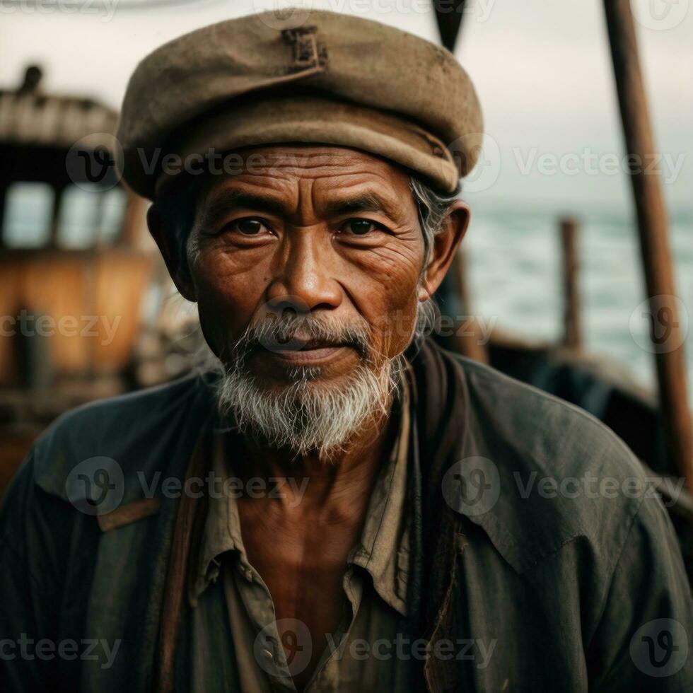 ai généré contes de le mer capturer le essence de un indonésien pêcheur photo