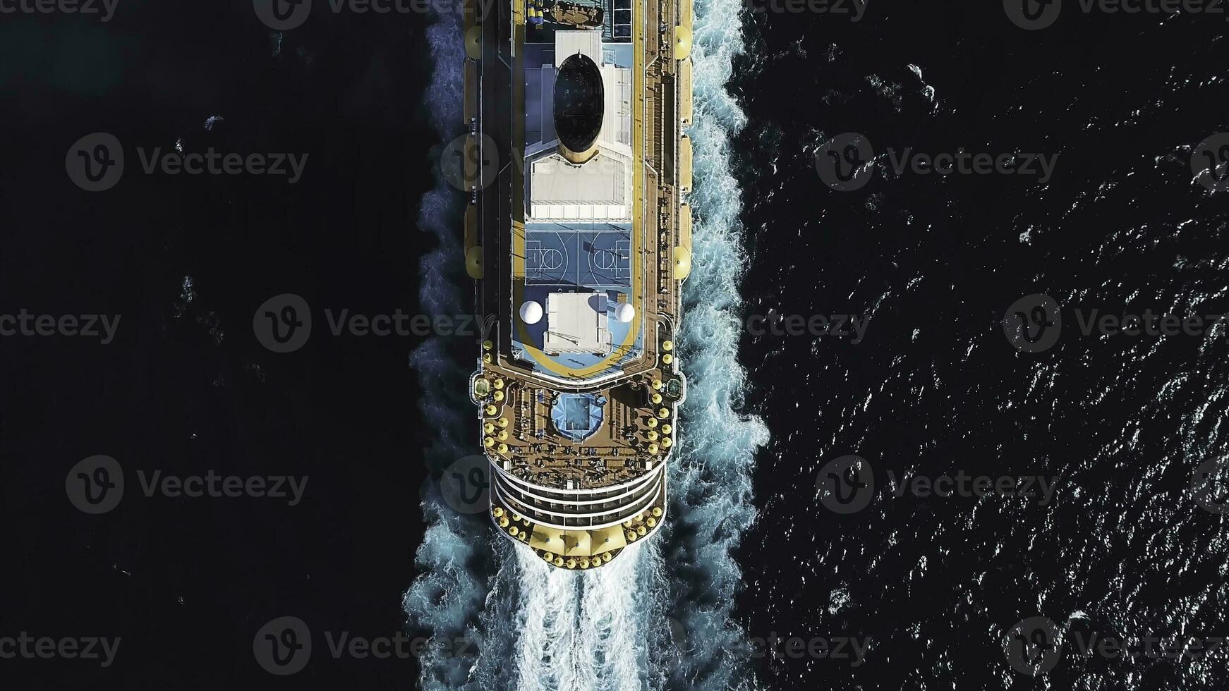 oiseau œil Haut vue de grand croiseur navire dans Profond bleu l'eau dans une ensoleillé jour, luxe concept. action. aérien vue de luxe croisière doublure avec nager piscines et basketball champ sur planche à bleu océan. photo