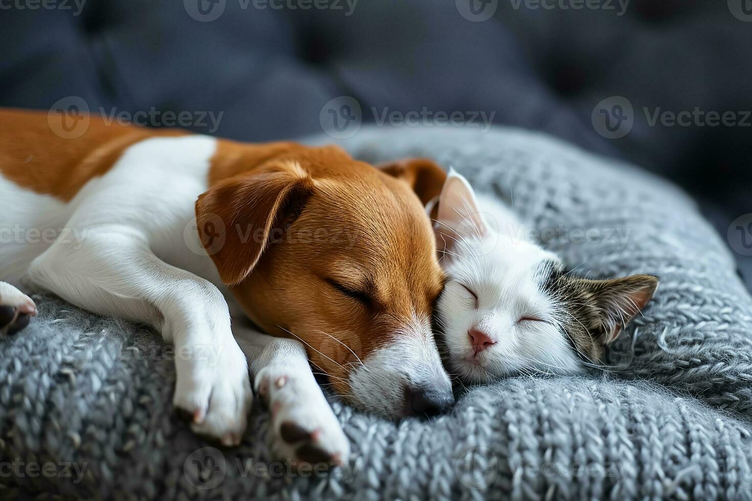 ai généré mignonne jack Russell chien terrier chiot avec chat en train de dormir sur gris oreiller photo