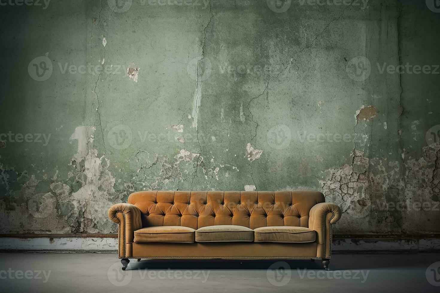 ai généré fermer photographier de vieux canapé dans de face de vieux mur photo