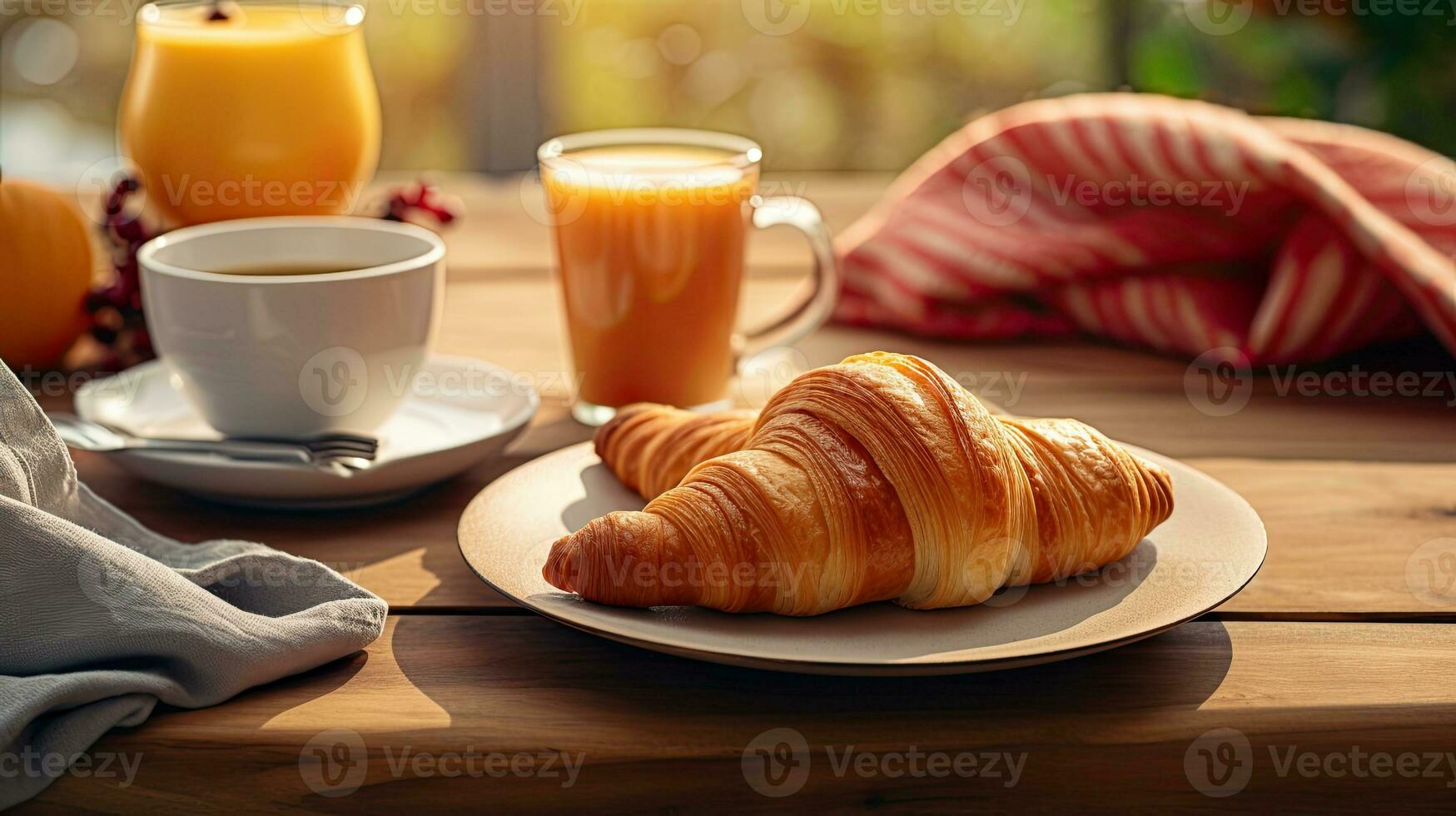 ai généré petit déjeuner croissant avec une verre thé sur le table ai génératif photo