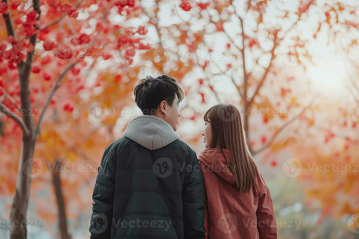 ai généré Jeune couple en marchant ensemble dans fleur jardin, content la Saint-Valentin journée concept photo