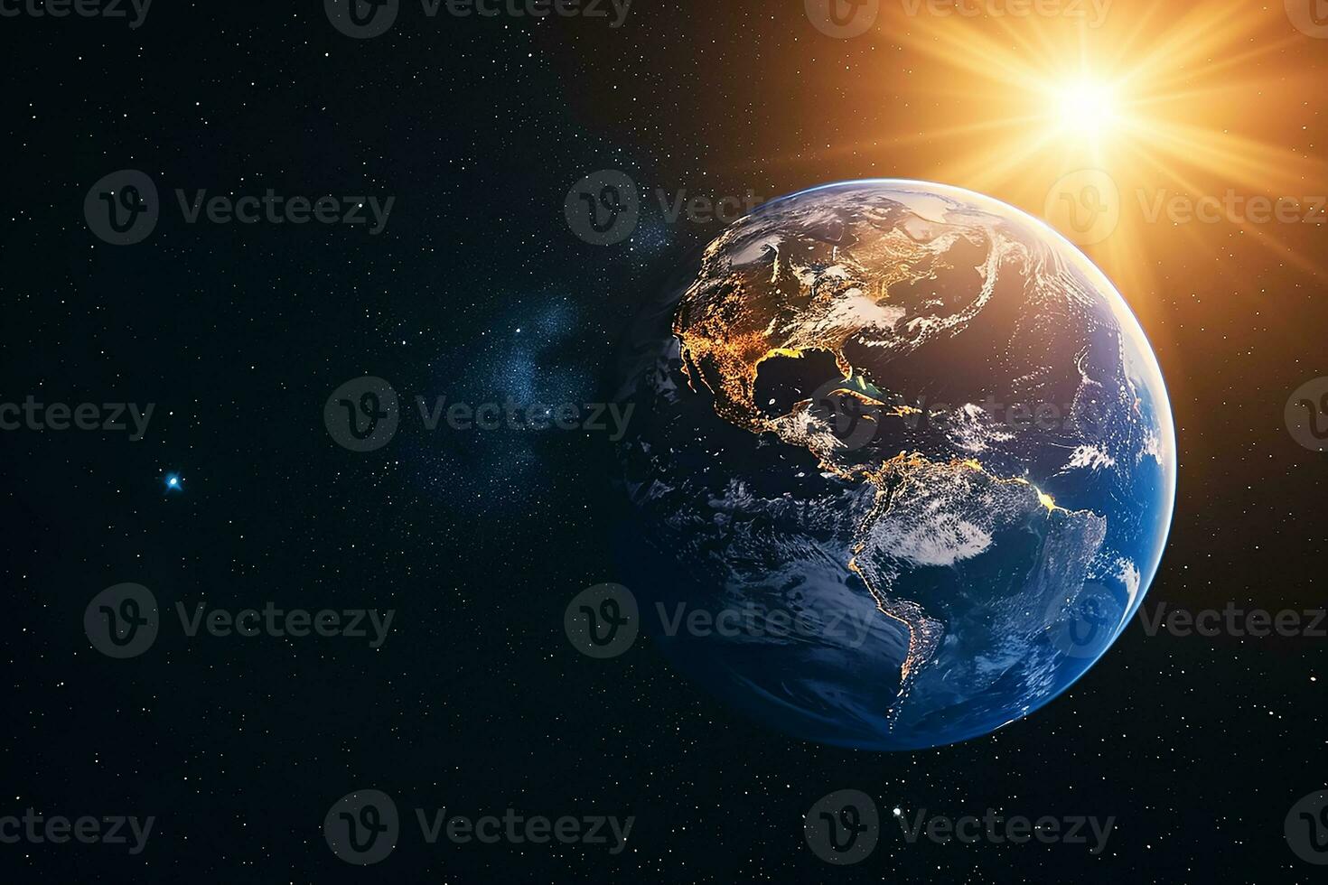 ai généré le planète Terre et Soleil lumière vue de espace photo