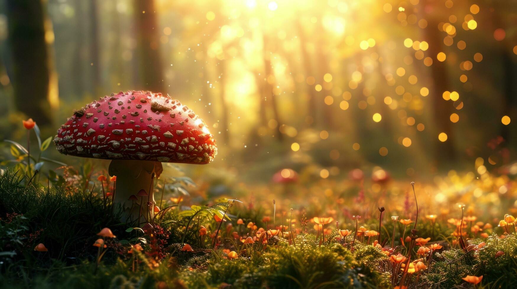 ai généré champignons, fées, et enchanteur créatures évoquer une magique forêt dans printemps photo