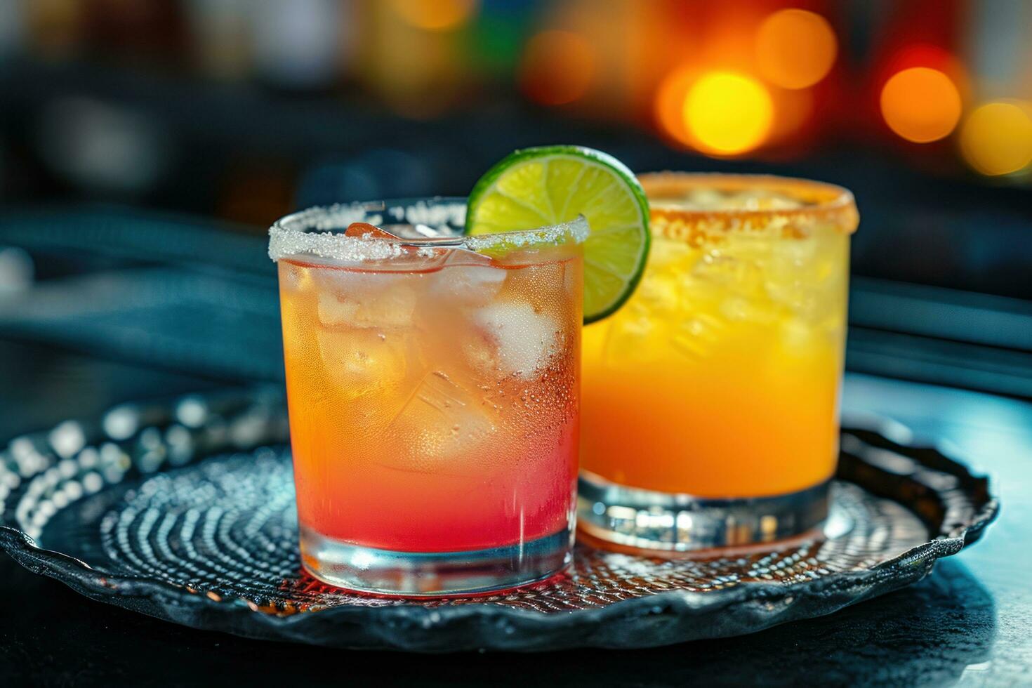 ai généré le des cocktails sont séance sur une verre assiette avec citron vert tranches photo