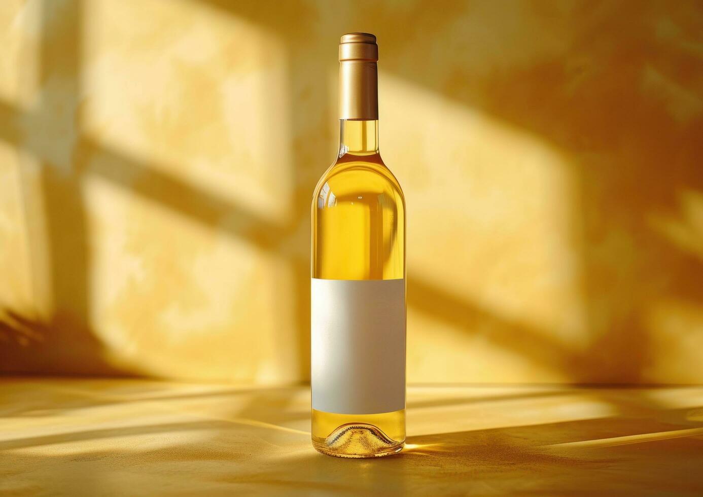 ai généré le bouteille de blanc du vin est sur une table dans marron photo