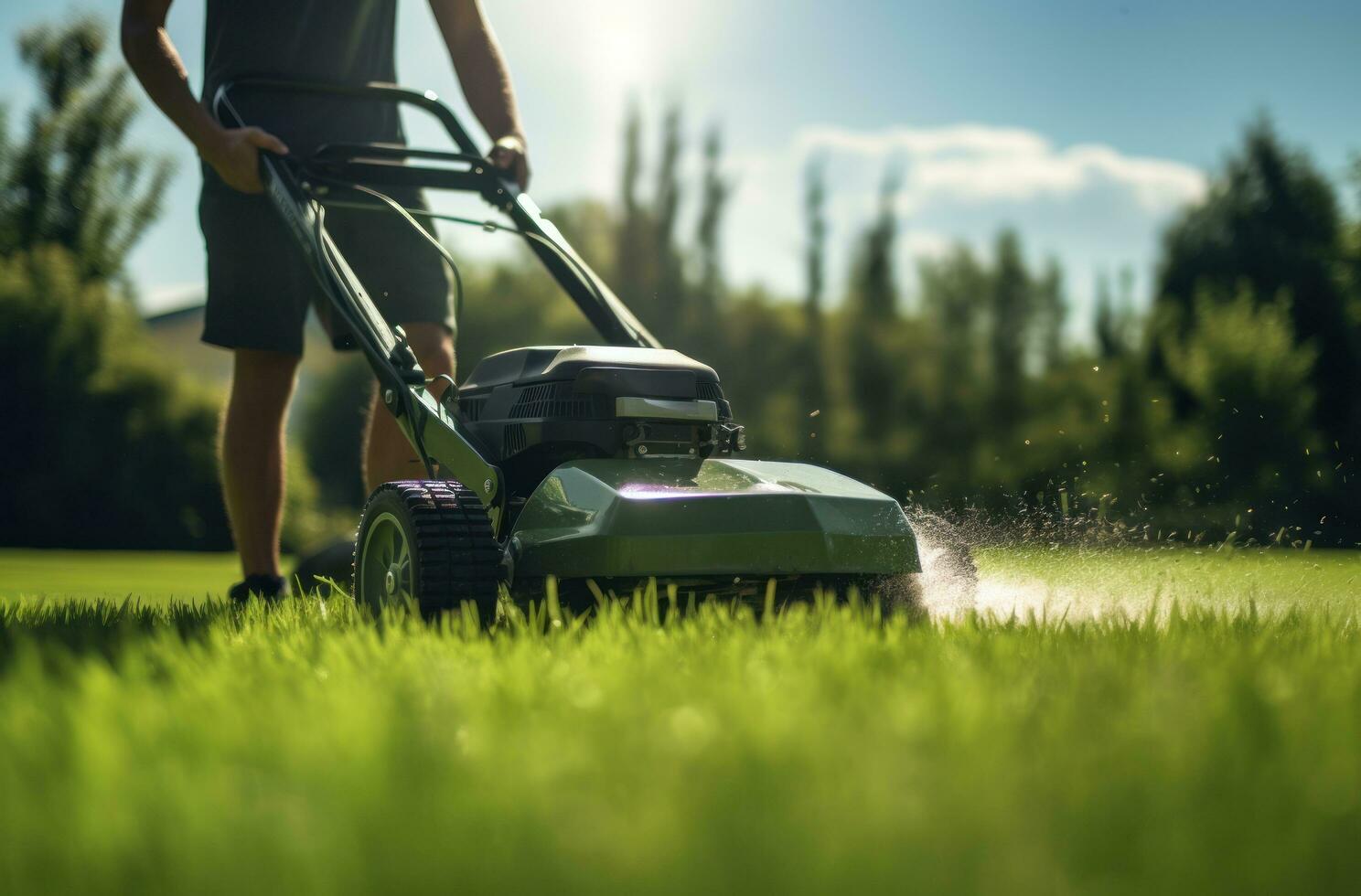 ai généré une la personne est fauchage herbe sur le pelouse photo