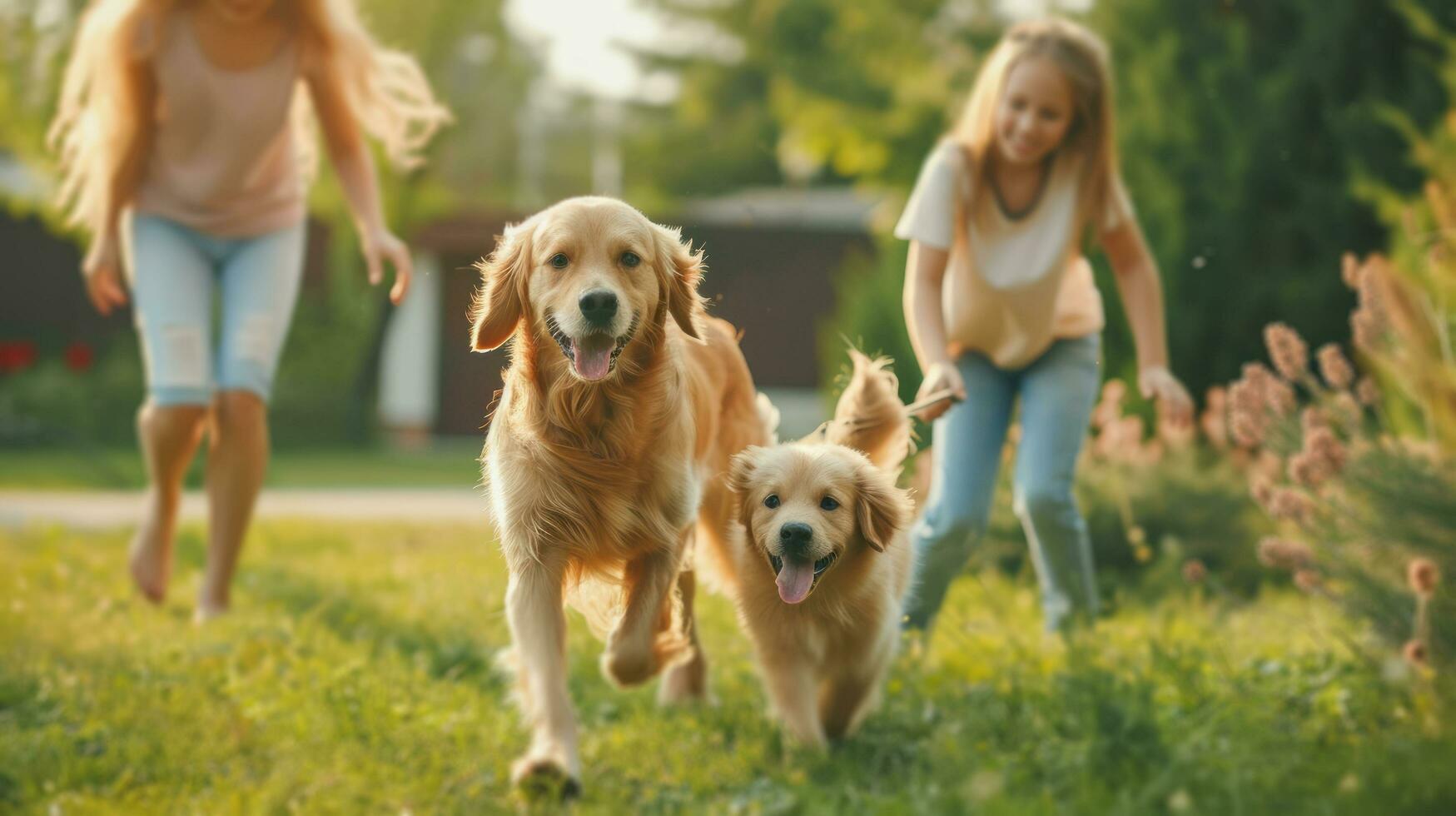 ai généré magnifique publicité photo de content magnifique famille en jouant avec chien dans jardin avec copie espace