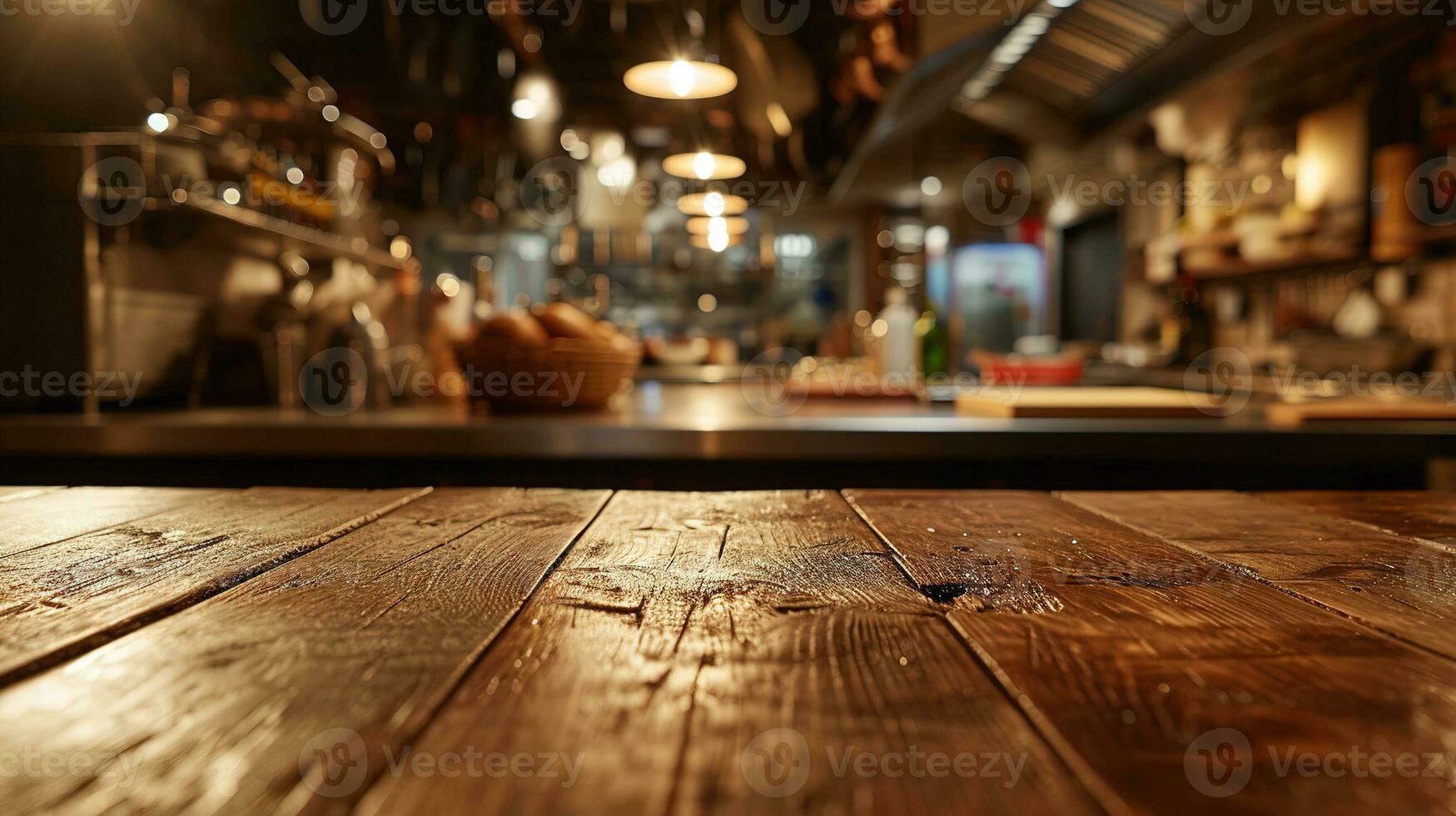 ai généré génératif ai, vide en bois dessus de la table sur flou moderne cuisine Contexte avec copie espace photo