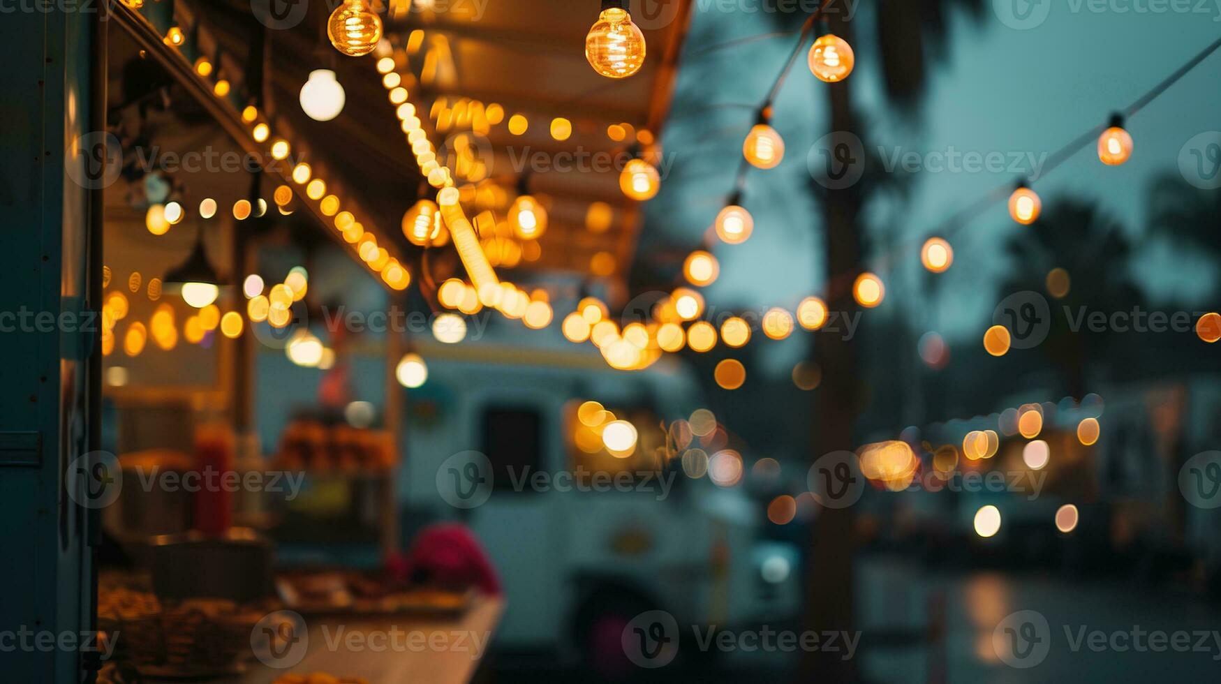 ai généré génératif ai, nourriture un camion rue festival, flou lumières arrière-plan, atmosphérique bokeh, en sourdine couleurs photo