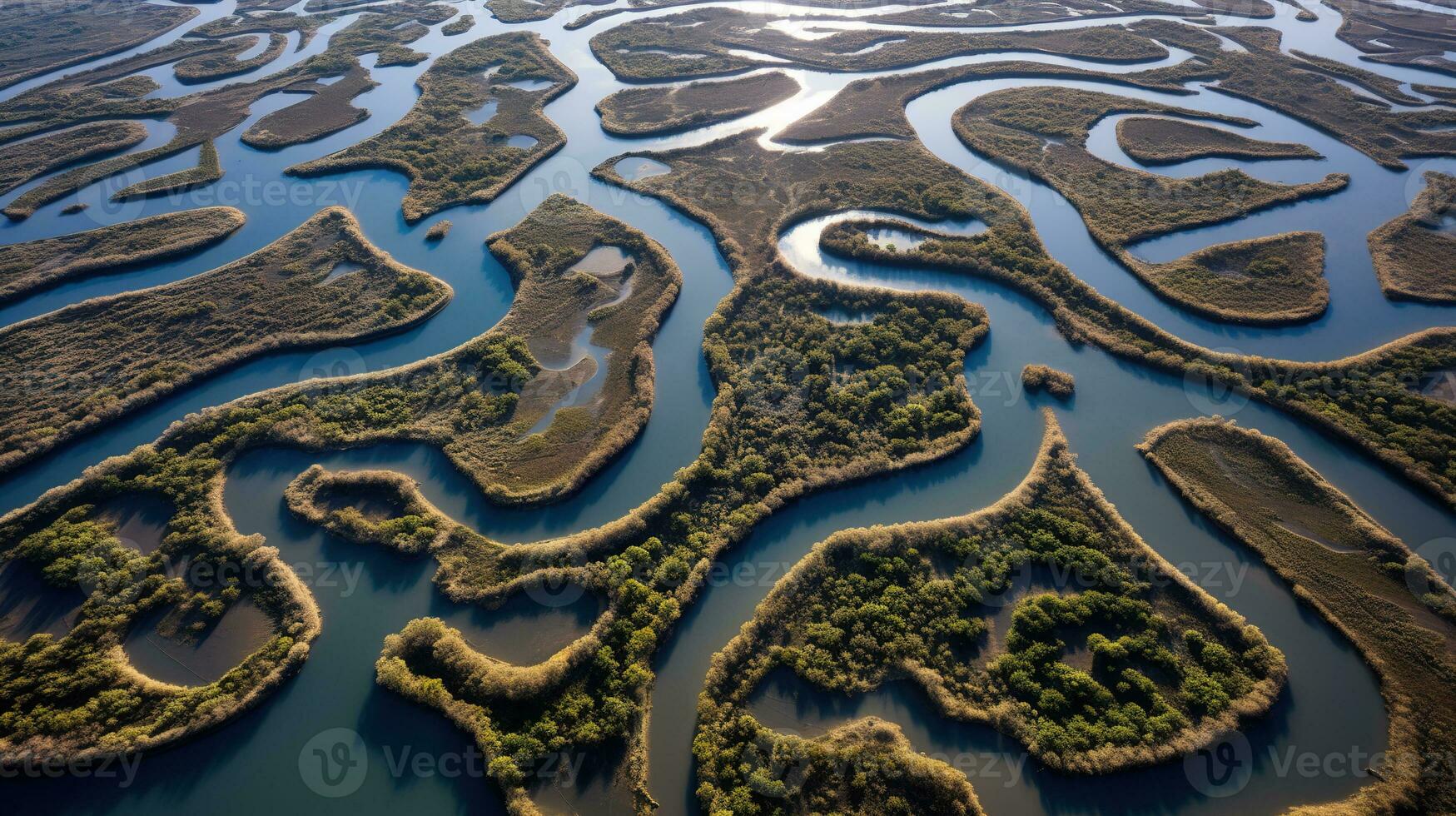 ai généré génératif ai, aérien vue de labyrinthe les voies navigables, drone photo, magnifique paysage photo