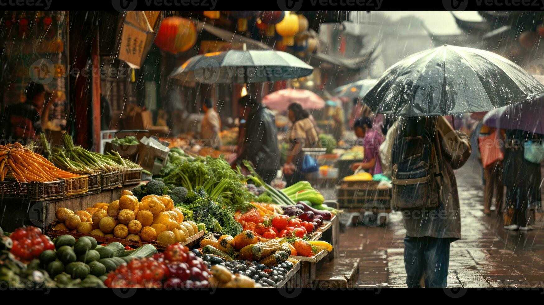 ai généré génératif ai, traditionnel Oriental asiatique marché avec des fruits et des légumes en dessous de le pluie avec parapluies photo