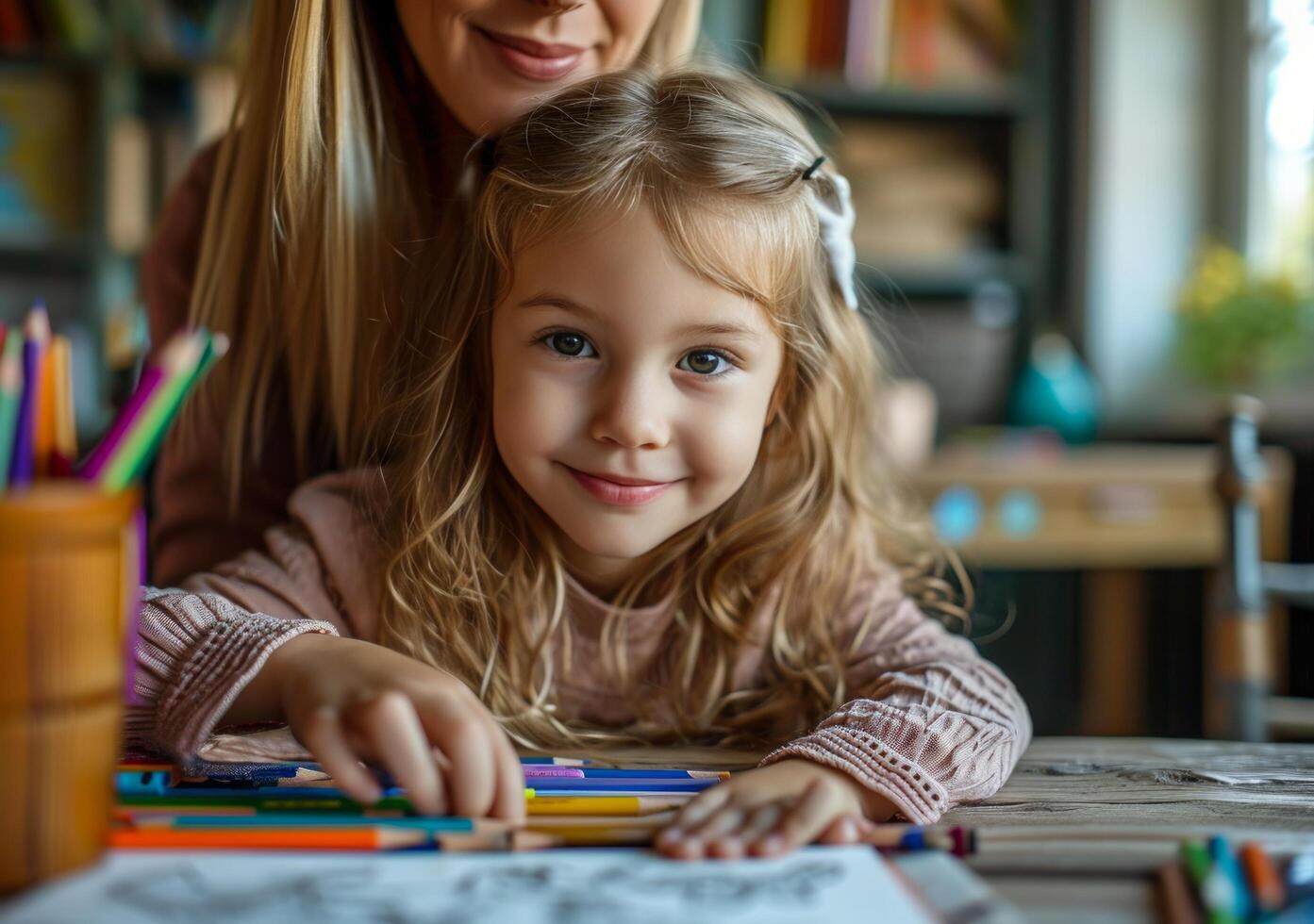 ai généré une Jeune fille prend crayons de couleur de une boîte à faire les arts et artisanat avec sa mère photo