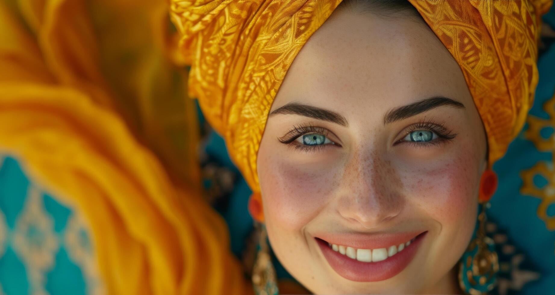 ai généré une souriant femme dans une Jaune turc turban photo