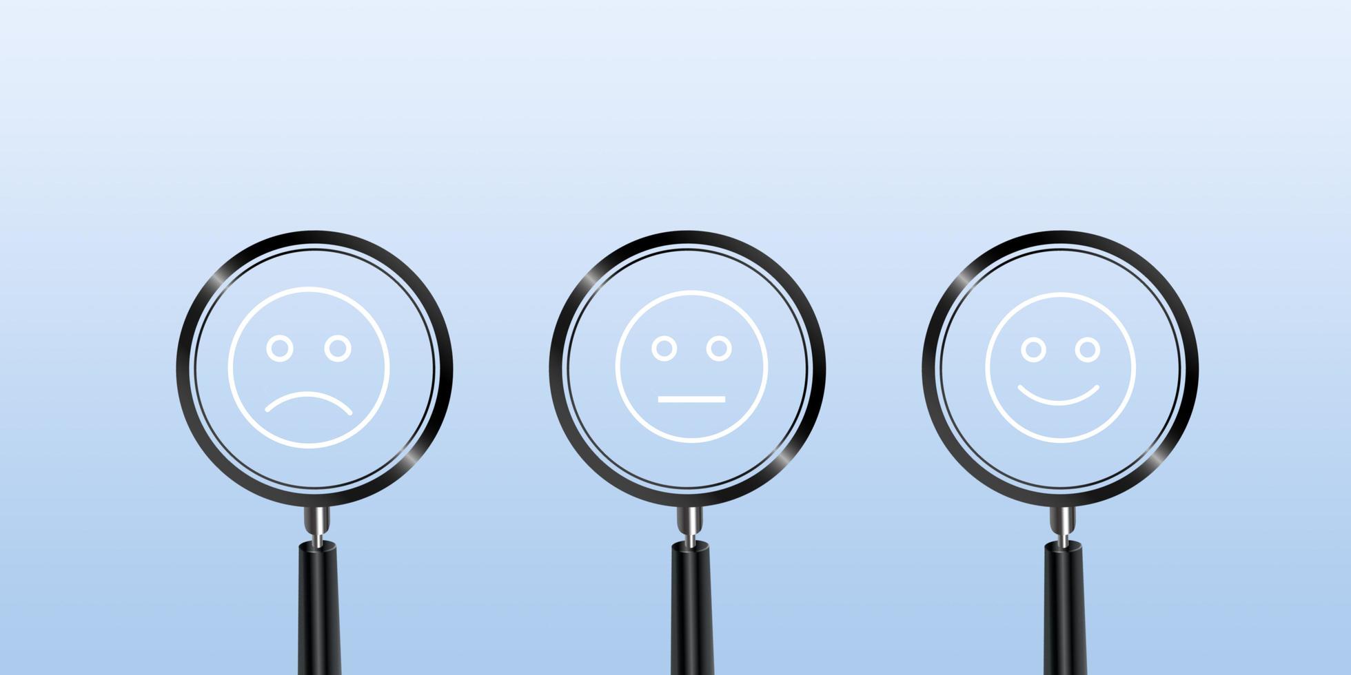 loupe avec un visage de symbole d'émotion. un visage heureux est utilisé pour indiquer l'évaluation du service, le classement, l'avis des clients, le contentement et les commentaires dans le monde des affaires. photo