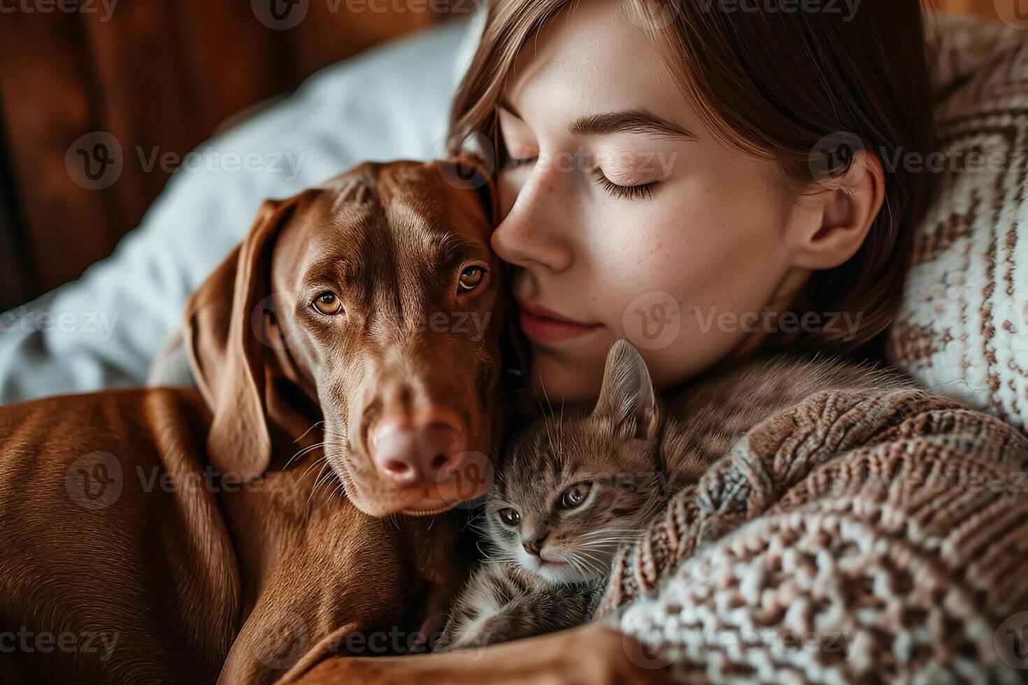 ai généré portrait de une Jeune femme avec une hongrois aiguille chien et une petit chaton dans sa bras mensonge à Accueil photo