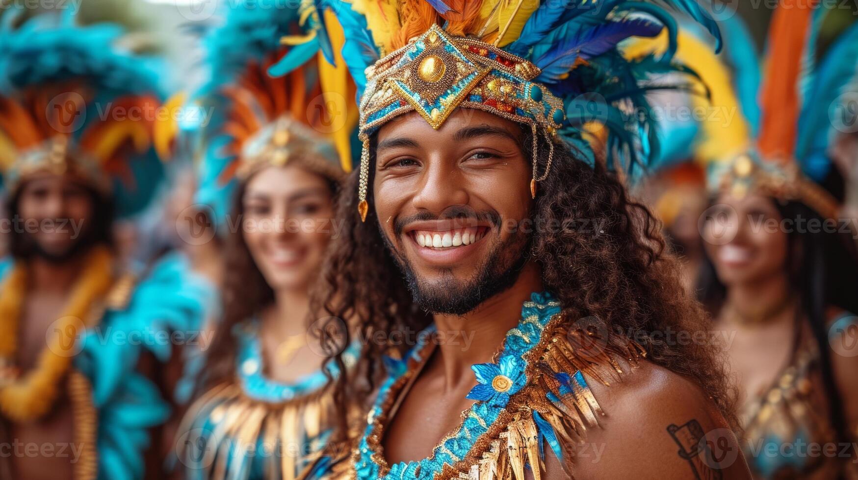 ai généré portrait de une groupe de danseurs à une carnaval dans Brésil photo