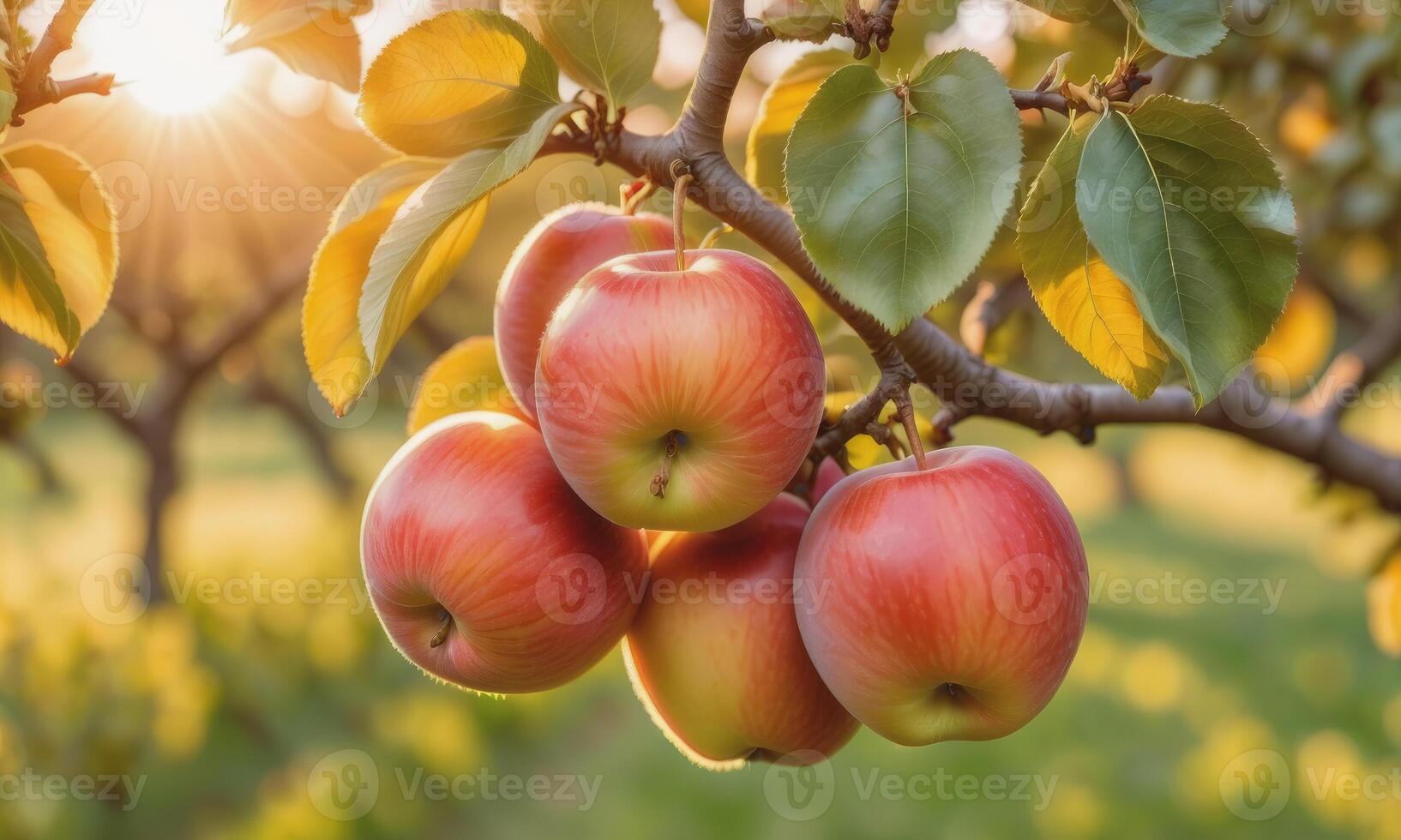 ai généré Pomme sur une arbre branche dans le jardin à le coucher du soleil photo