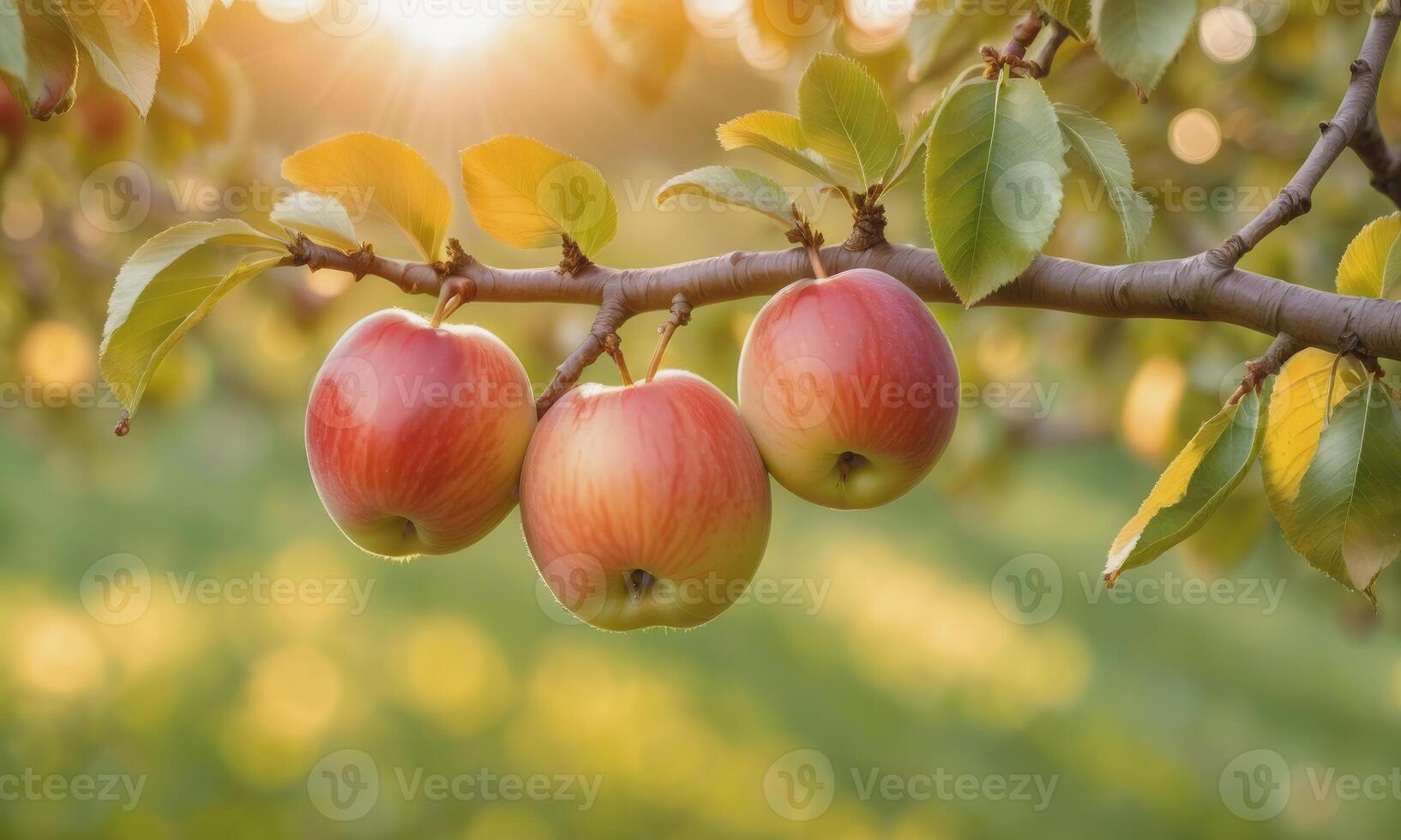 ai généré Pomme sur une arbre branche dans le jardin à le coucher du soleil photo