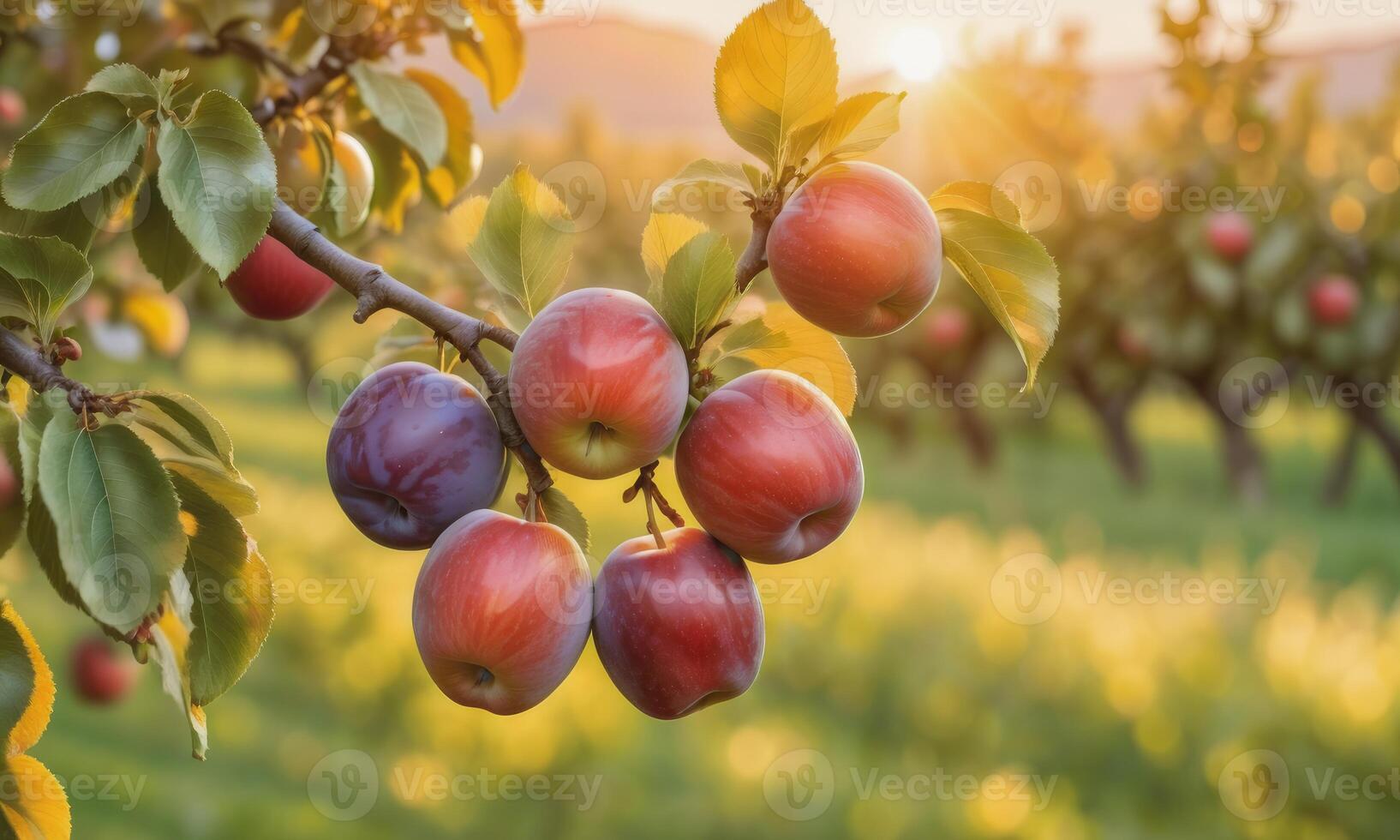 ai généré Pomme sur une arbre branche dans le jardin à le coucher du soleil photo