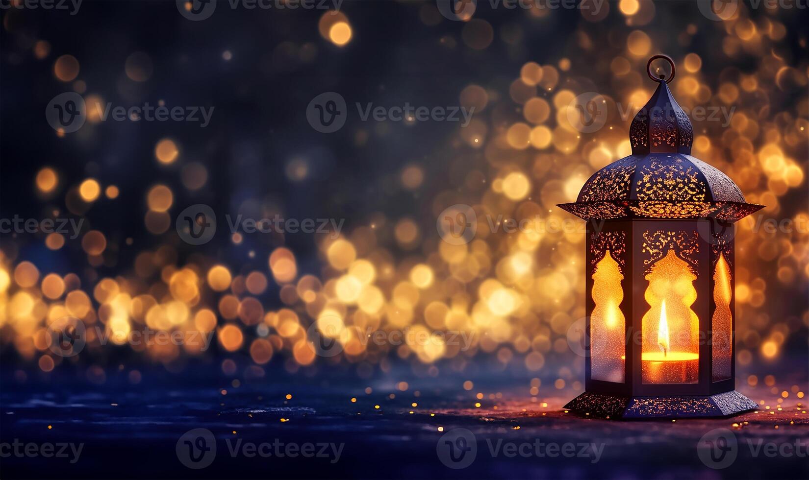 ai généré embrasé arabe lanterne avec bougie et d'or bokeh pour Ramadan kareem photo