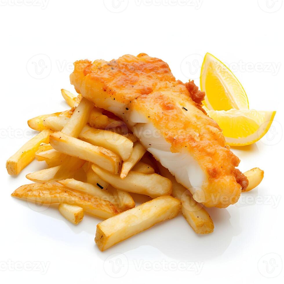 ai généré classique poisson et frites - appétissant délice isolé sur blanc Contexte photo