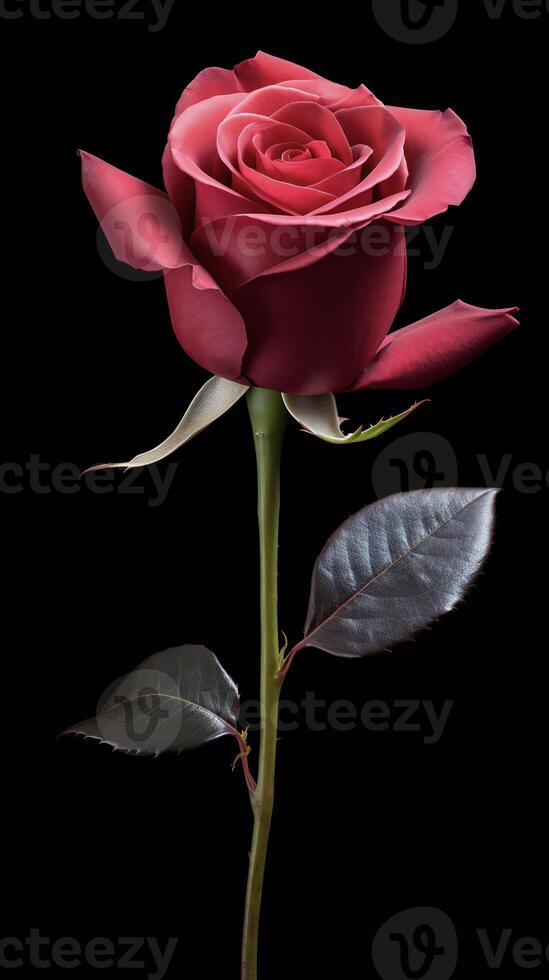 ai généré une Célibataire rouge Rose est montré contre une noir Contexte photo