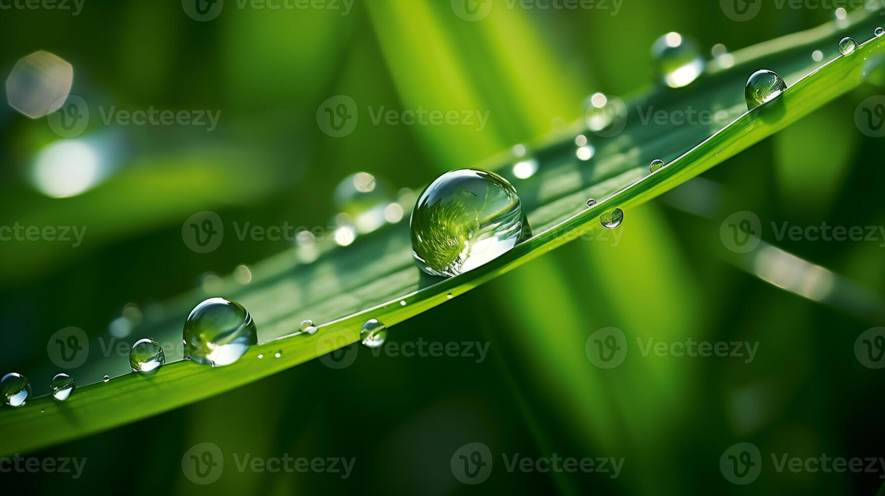 ai généré macro photo une laissez tomber de rosée les flux vers le bas une luxuriant tige de herbe