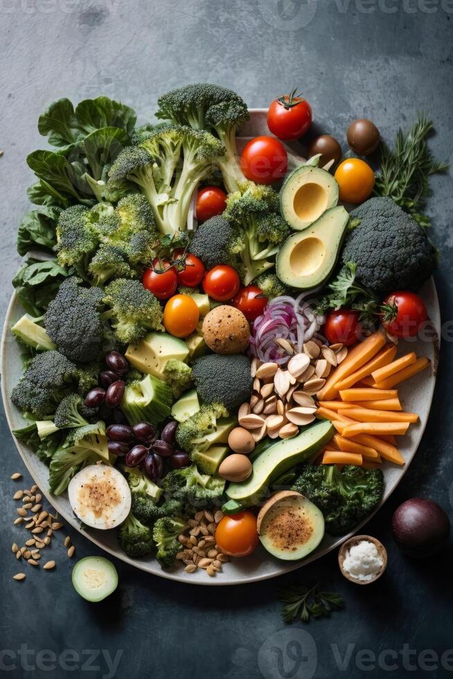 ai généré une coloré assortiment de Frais des légumes sur une blanc assiette photo