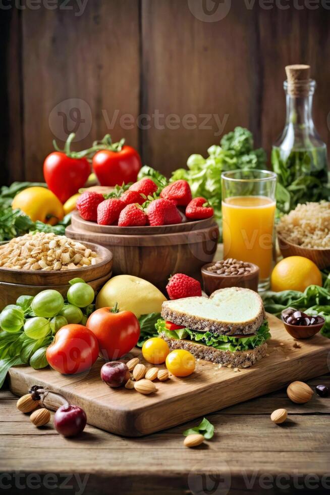 ai généré une vibrant afficher de Frais des fruits et des légumes sur une rustique en bois table photo