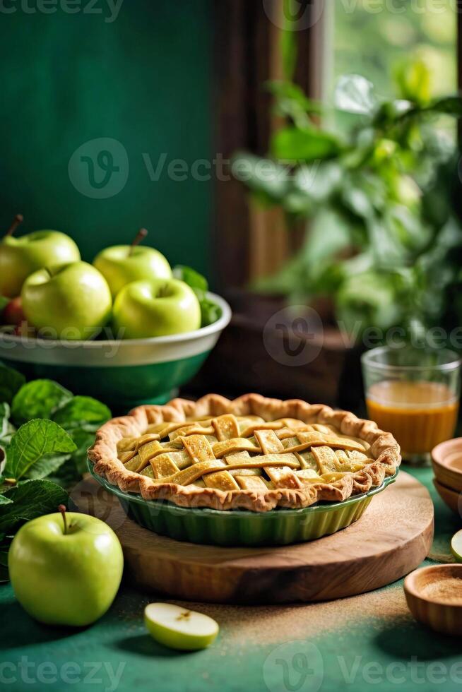 ai généré une délicieux tarte sur une vibrant vert table photo