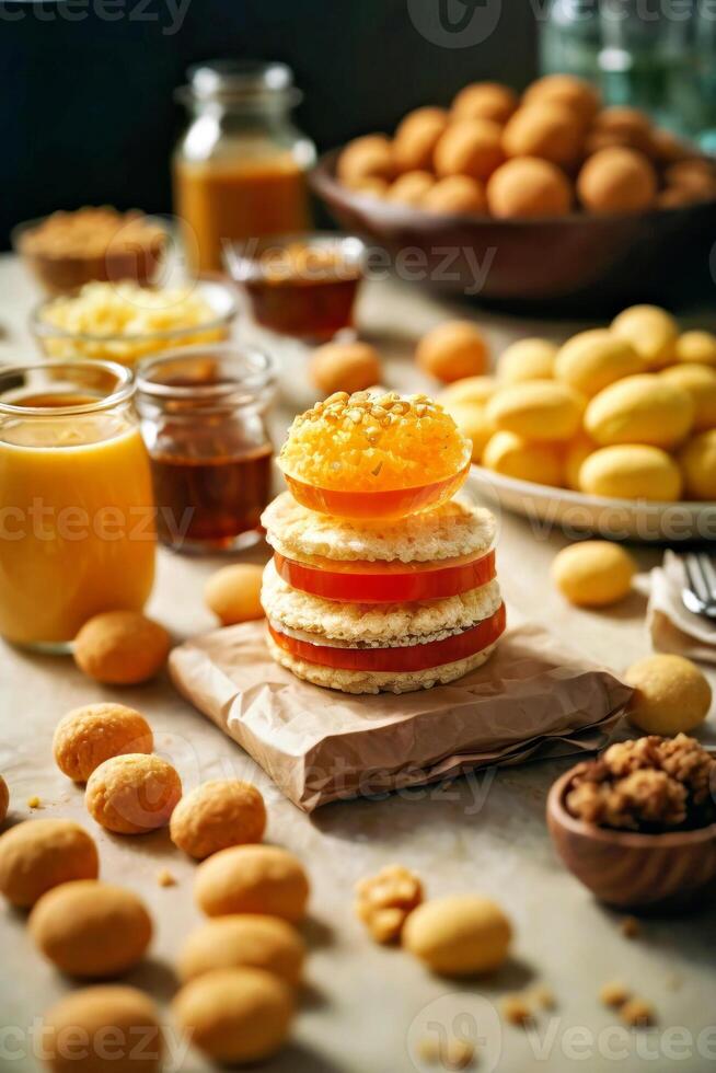 ai généré une vibrant et diverse le banquet de nourriture sur une magnifiquement ensemble table photo