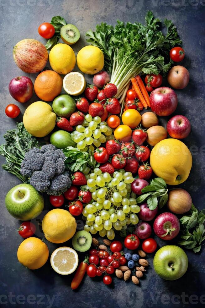 ai généré une coloré assortiment de Frais des fruits et des légumes sur une en bois table photo