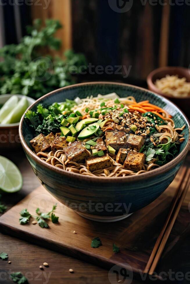 ai généré une délicieux et en bonne santé bol de Tofu et légume nouilles photo