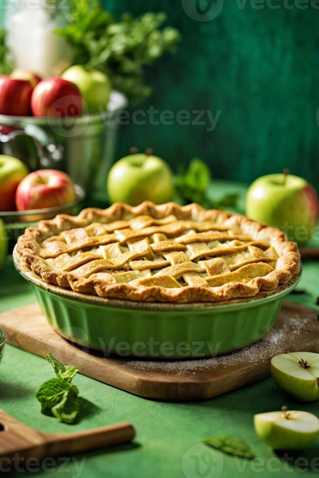 ai généré une délicieux fait maison tarte sur une rustique en bois Coupe planche photo