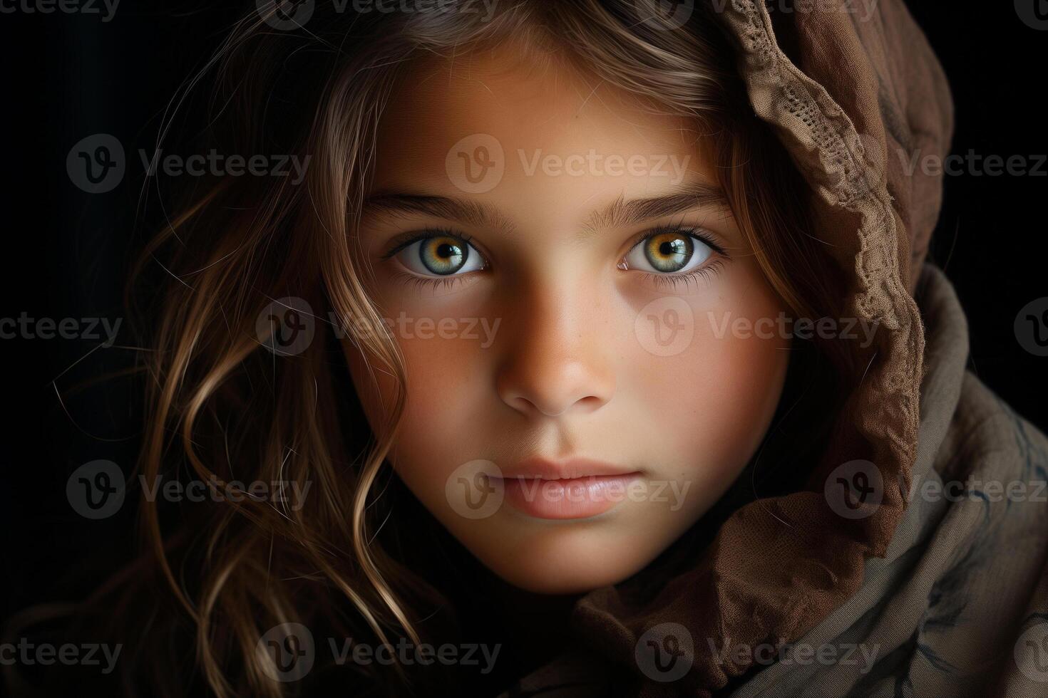 ai généré une Jeune fille avec perçant yeux et une marron écharpe photo