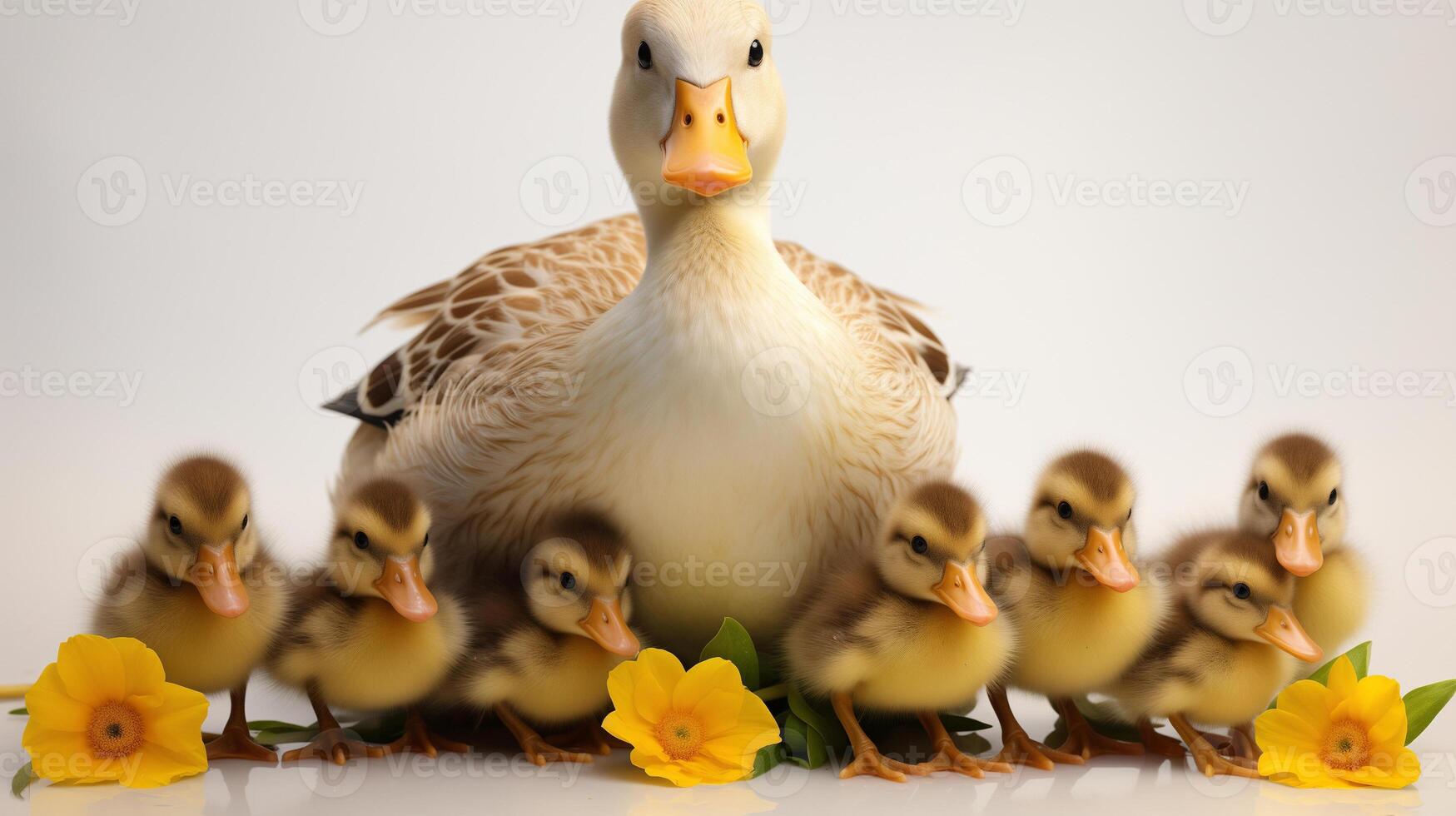 ai généré mère canard et canetons avec Jaune fleurs photo