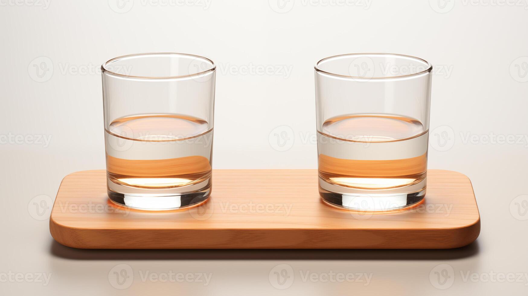 ai généré minimaliste whisky des lunettes sur en bois plateau, Facile et élégant conception. photo