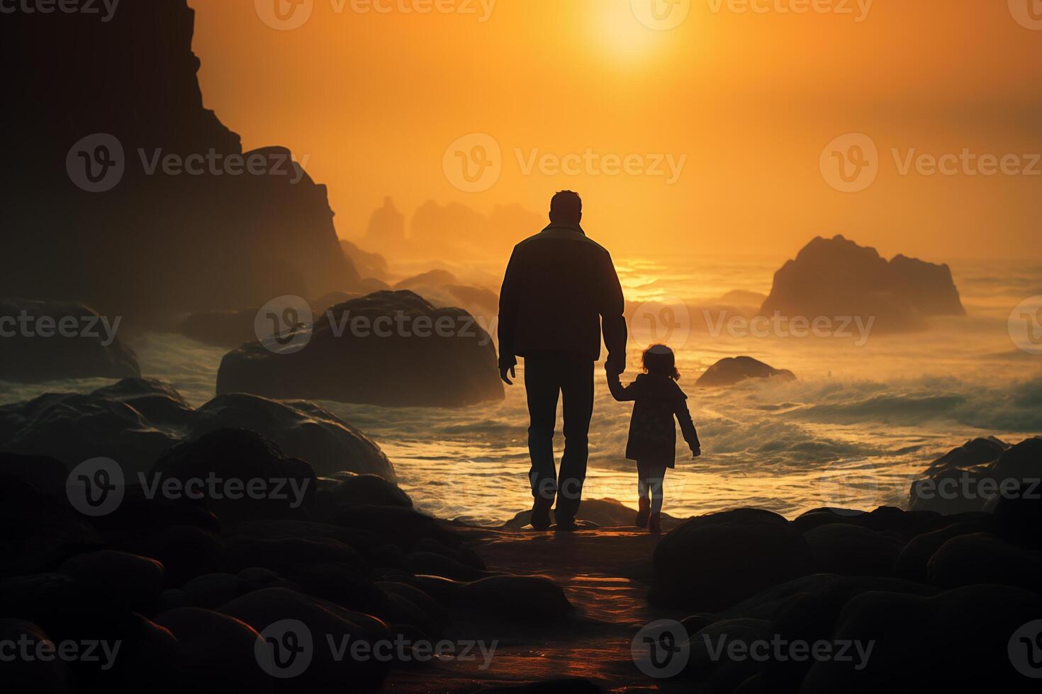 ai généré silhouette de père et enfant en marchant sur brumeux plage à le coucher du soleil photo