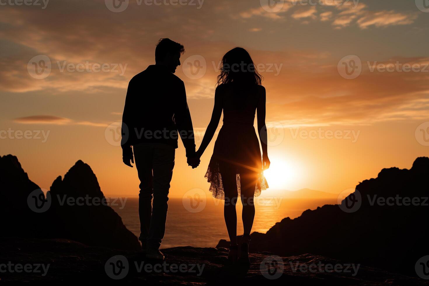 ai généré romantique couple silhouette à coucher de soleil, idéal pour relation thèmes, cartes postales photo